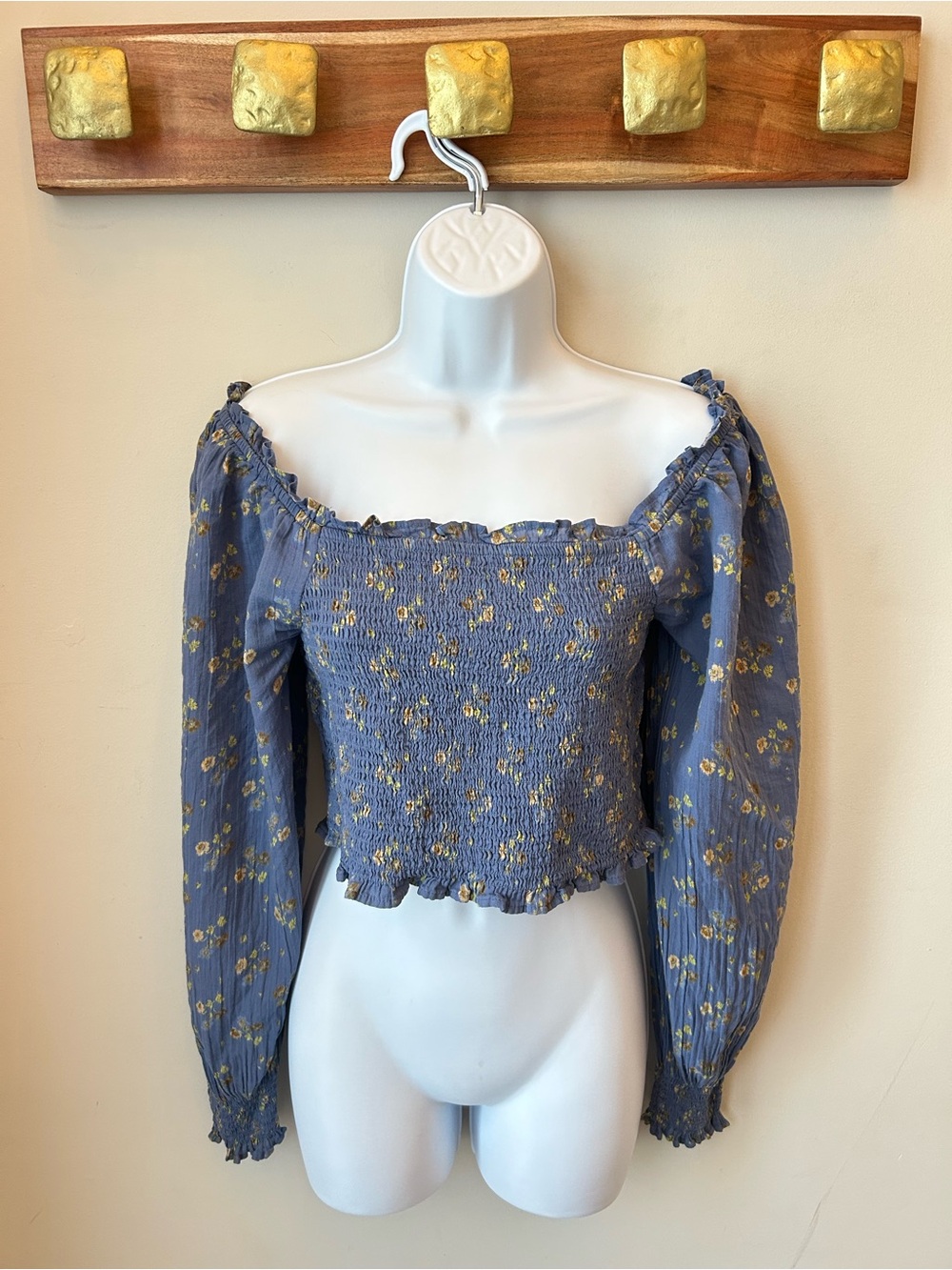 aerie 100% COTTON Floral Smocked Off-Shoulder Crop Top Cottagecore Festival Boho